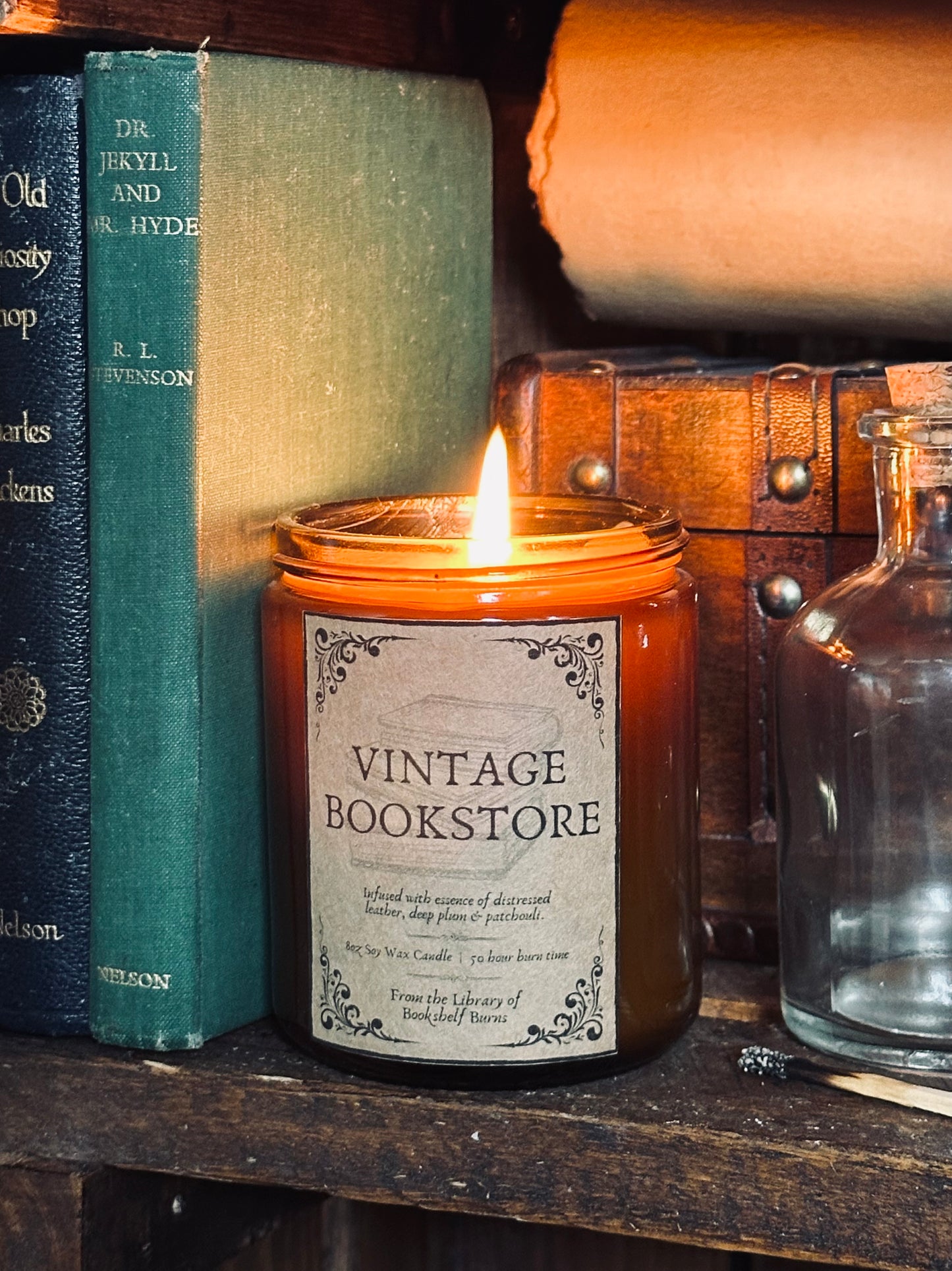 Vintage Bookstore - Distressed Leather & Plum Scented Soy Wax Candle