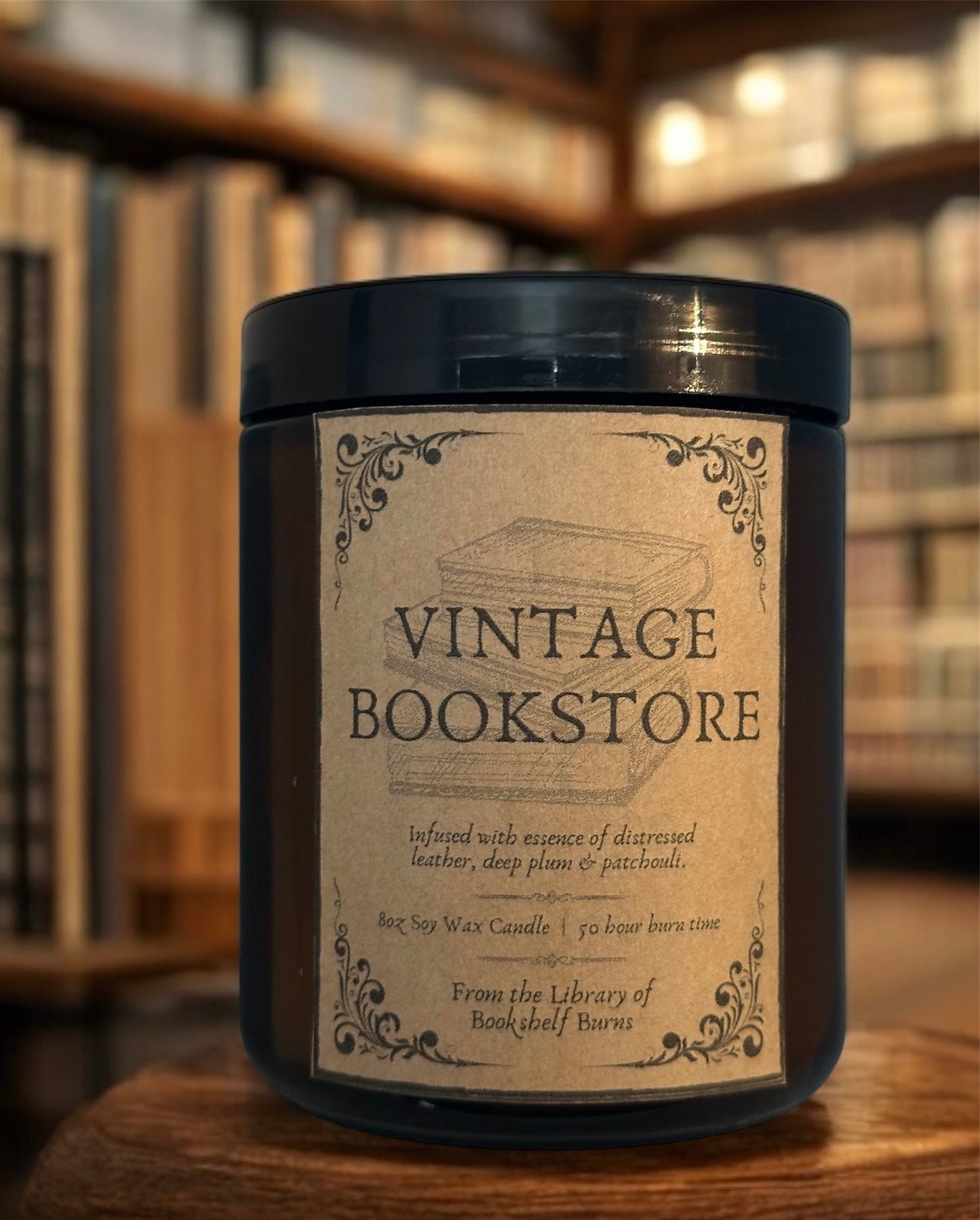 Vintage Bookstore - Distressed Leather & Plum Scented Soy Wax Candle